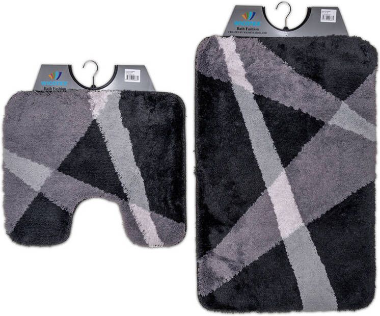 Wicotex -Badmat set met Toiletmat-WC mat-met uitsparing grijs gestreept-Antislip onderkant