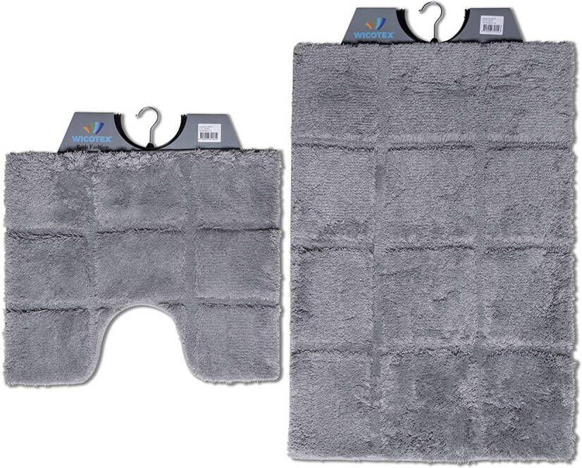 Wicotex -Badmat set met Toiletmat-WC mat-met uitsparing ruit grijs-Antislip onderkant