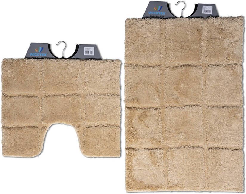 Wicotex -Badmat set met Toiletmat-WC mat-met uitsparing ruit taupe-Antislip onderkant