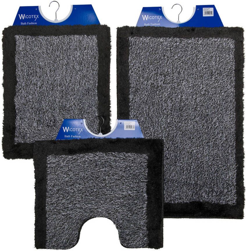 Wicotex -Badmatset-Badmat-Toiletmat-Bidetmat grijs met zwarte rand