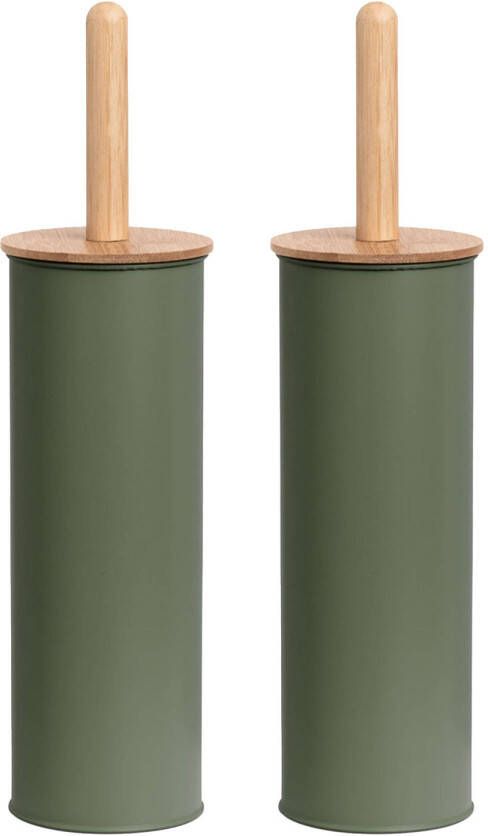 Zeller 2x Stuks WC Toiletborstel in houder metaal bamboe hout salie groen 38 x 10 cm Toiletborstels