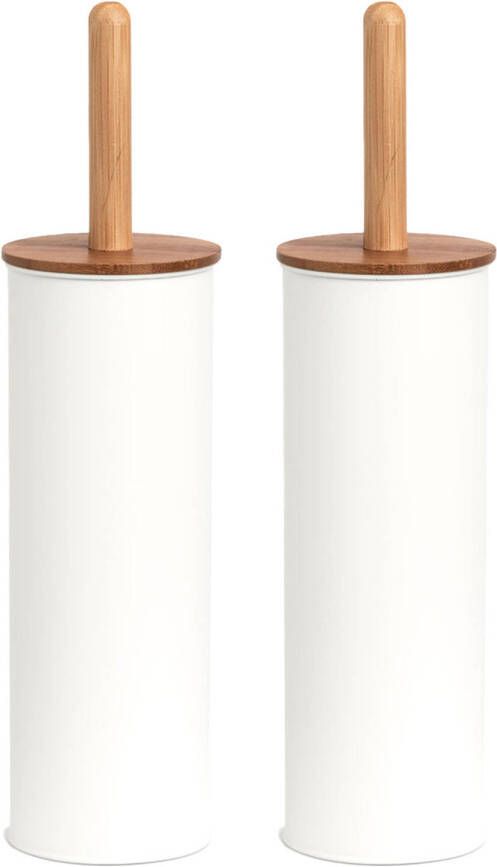 Zeller 2x Stuks WC Toiletborstel in houder metaal bamboe hout wit 38 x 10 cm Toiletborstels
