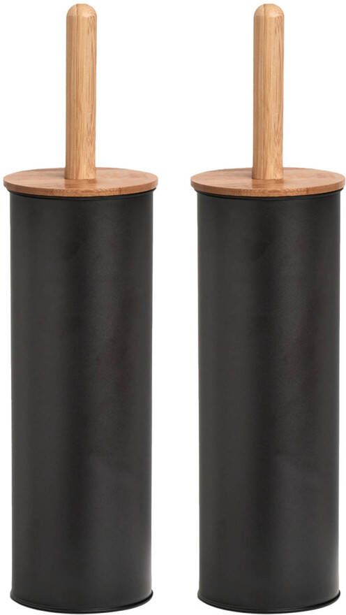 Zeller 2x Stuks WC Toiletborstel in houder metaal bamboe hout zwart 38 x 10 cm Toiletborstels
