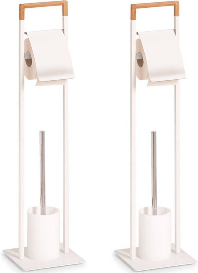 Zeller 2x Wc-borstels met wc-rolhouder wit metaal bamboe 75 cm Toiletborstels