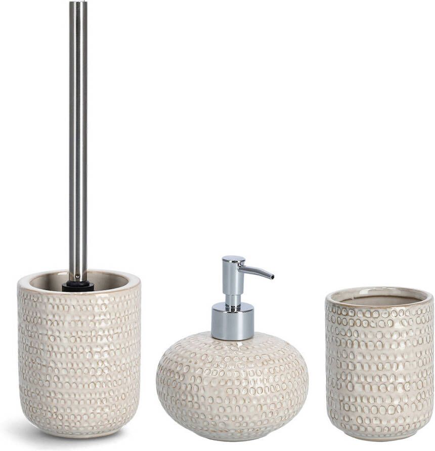 Zeller Badkamer accessoires set 3-delig keramiek beige structure Badkameraccessoireset