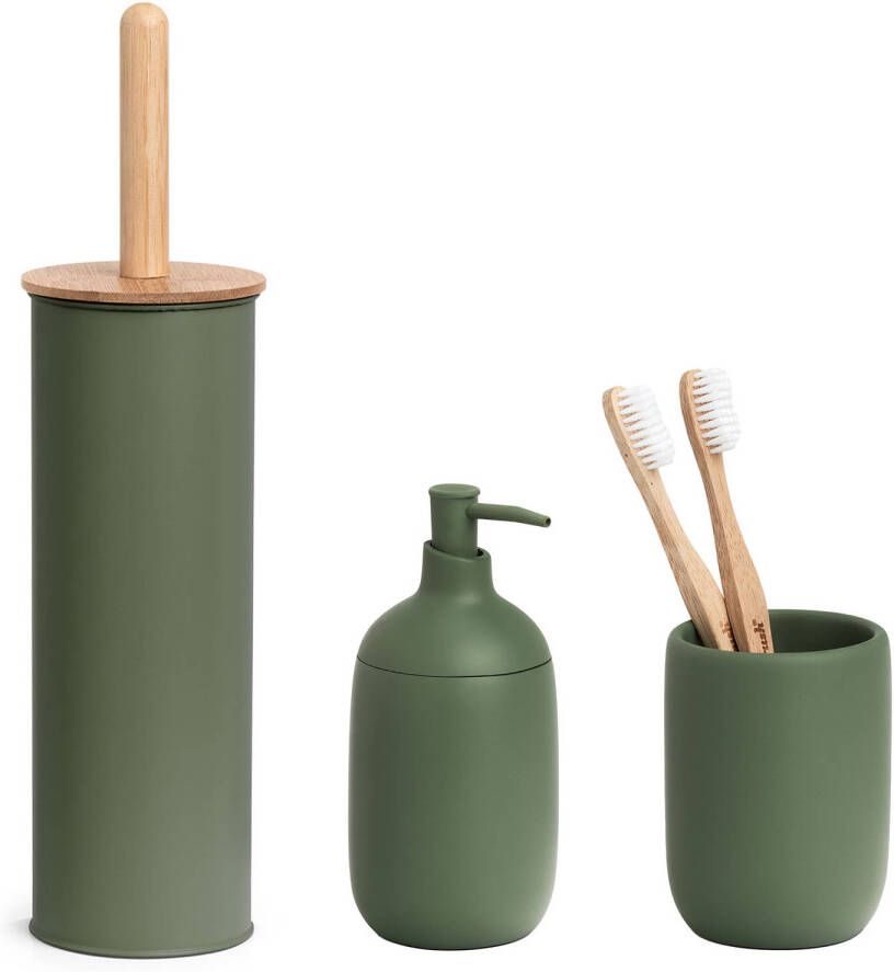 Zeller Badkamer accessoires set 3-delig kunststeen bamboe hout salie groen Badkameraccessoireset