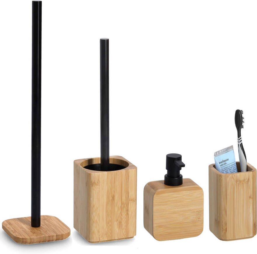 Zeller Badkamer accessoires set 4-delig bamboe hout luxe kwaliteit Badkameraccessoireset