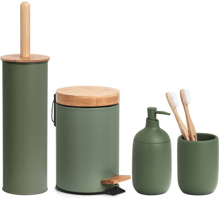 Zeller Badkamer accessoires set 4-delig kunststeen bamboe hout salie groen Badkameraccessoireset