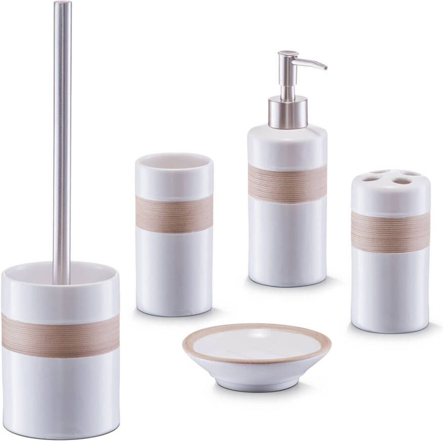 Zeller Badkamer accessoires set 5-delig keramiek wit beige strepen design Badkameraccessoireset