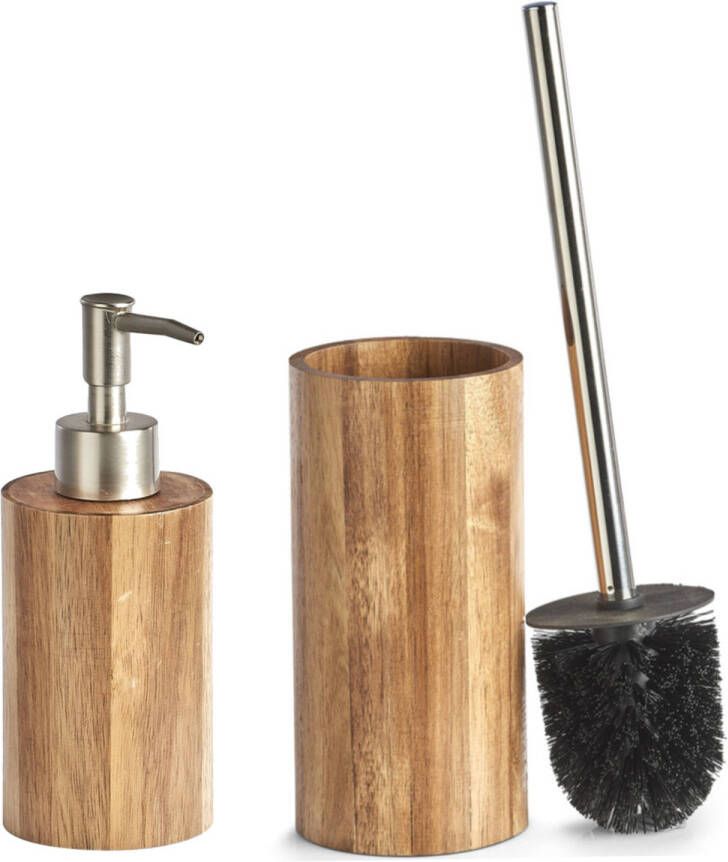 Zeller Toilet spullen set Toiletborstel met zeeppompje van acacia hout Badkameraccessoireset