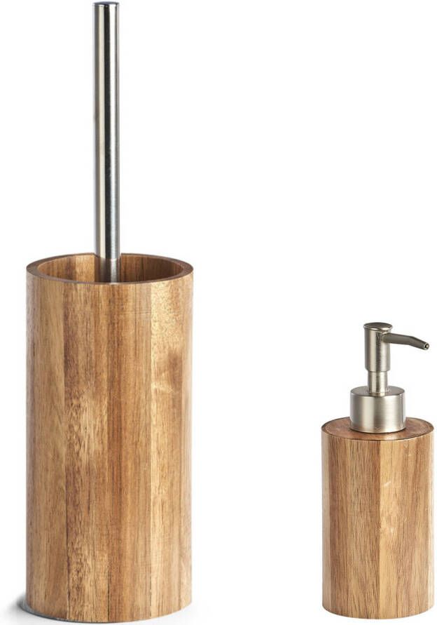 Zeller Toiletborstel houder met zeeppompje van acacia hout Badkameraccessoireset