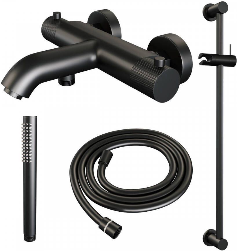 Brauer Badkraan Black Carving Set 01 Thermostatisch Opbouw Rond Mat Zwart 2 Greeps met Glijstang en Staafhanddouche