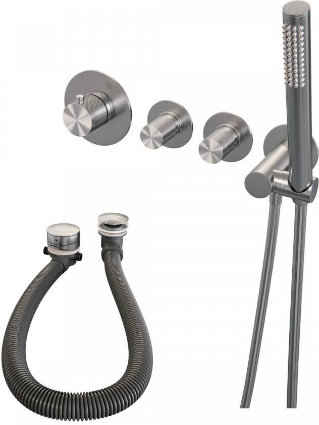 Brauer Badkraan Brushed Carving Set 02 Thermostatisch Inbouw Rond Geborsteld RVS PVD met Badvulcombinatie Wandaansluitbocht en Handdouche 3 Standen - Foto 3