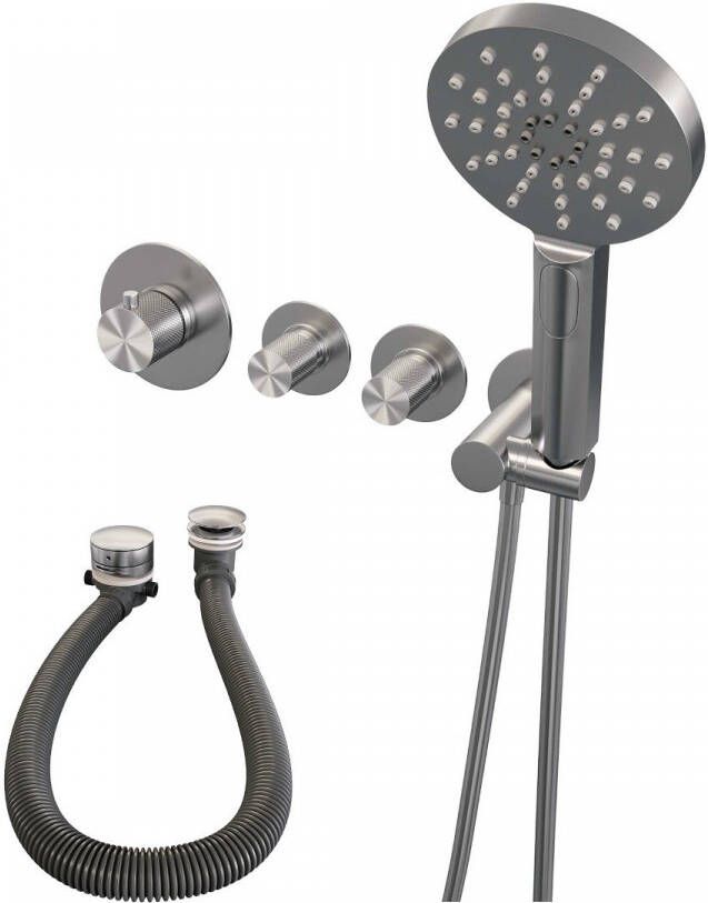 Brauer Badkraan Brushed Carving Set 02 Thermostatisch Inbouw Rond Geborsteld RVS PVD met Badvulcombinatie Wandaansluitbocht en Handdouche 3 Standen - Foto 2