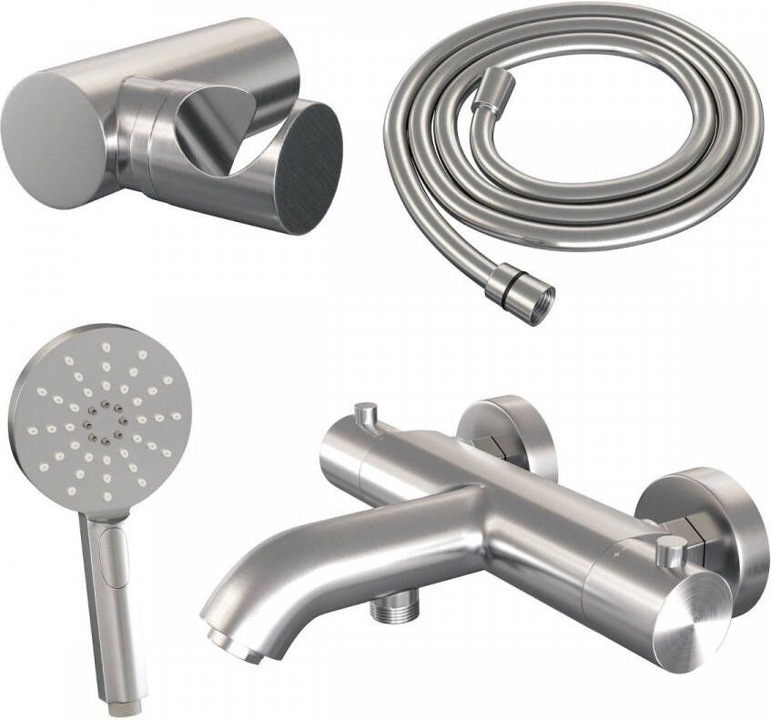 Brauer Badkraan Brushed Edition Set 04 Thermostatisch Opbouw Rond Geborsteld RVS PVD 2 Greeps met Wandhouder en Handdouche 3 Standen - Foto 2