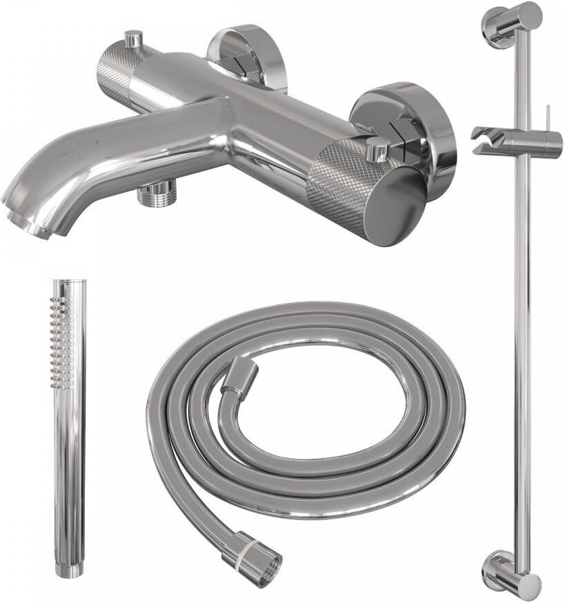 Brauer Badkraan Chrome Carving Set 01 Thermostatisch Opbouw Rond Glans Chroom 2 Greeps met Glijstang en Staafhanddouche