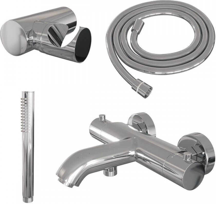 Brauer Badkraan Chrome Edition Set 03 Thermostatisch Opbouw Rond Glans Chroom 2 Greeps met Wandhouder en Staafhanddouche