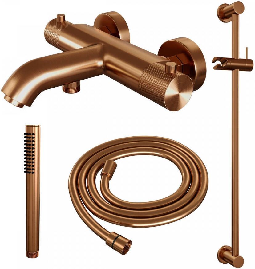 Brauer Badkraan Copper Carving Set 01 Thermostatisch Opbouw Rond Geborsteld Koper PVD 2 Greeps met Glijstang en Staafhanddouche
