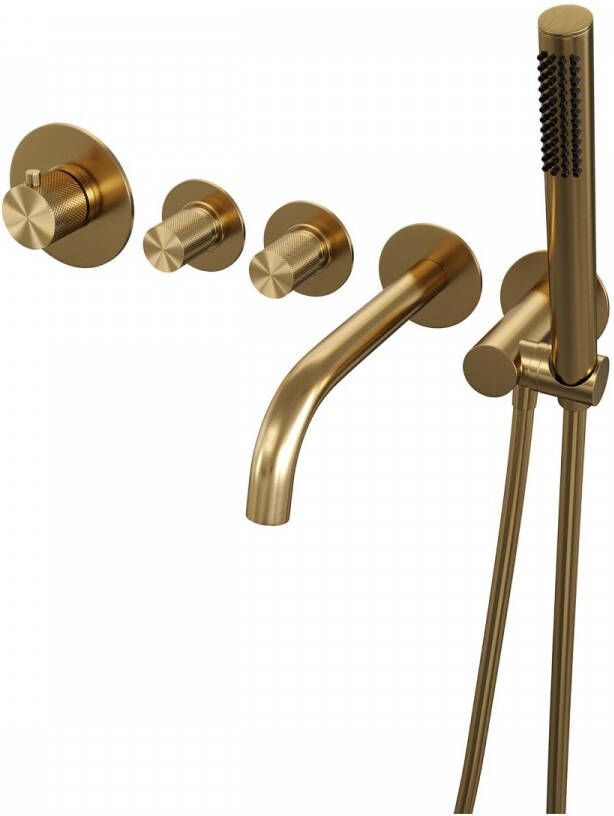 Brauer Gold Carving Badkraan Inbouw douchegarnituur 20cm uitloop met inbouwdeel 3 carving knoppen handdouche rond 3 standen PVD geborsteld goud 5-GG-094 - Foto 3