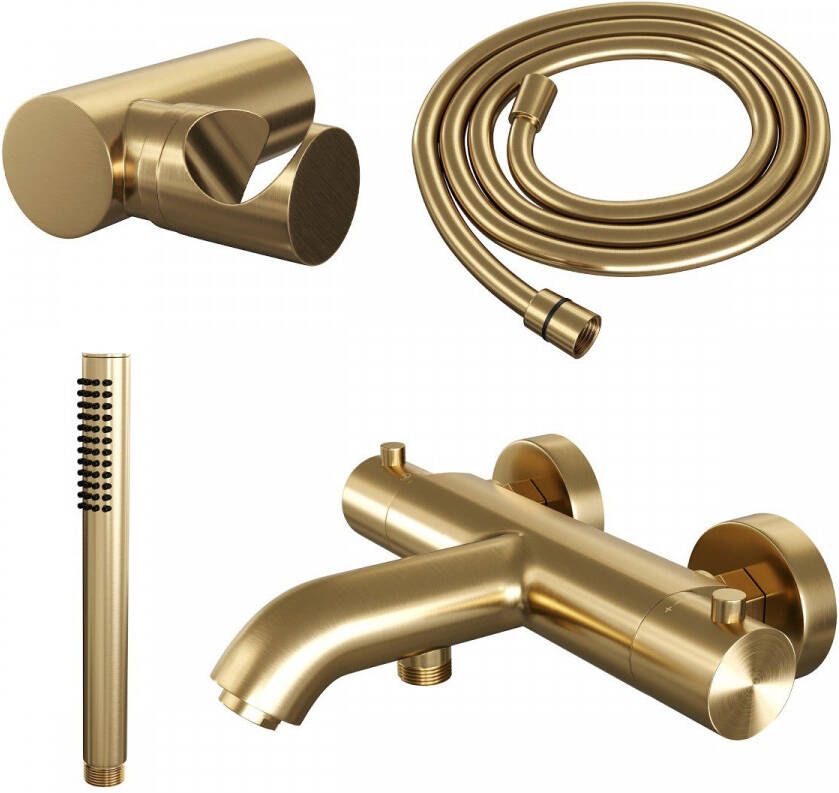 Brauer Badkraan Gold Edition Set 03 Thermostatisch Opbouw Rond Geborsteld Goud PVD 2 Greeps met Wandhouder en Staafhanddouche - Foto 2