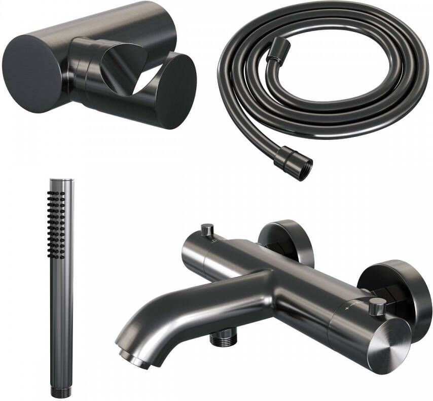 Brauer Badkraan Gunmetal Edition Set 03 Thermostatisch Opbouw Rond Geborsteld Gunmetal PVD 2 Greeps met Wandhouder en Staafhanddouche