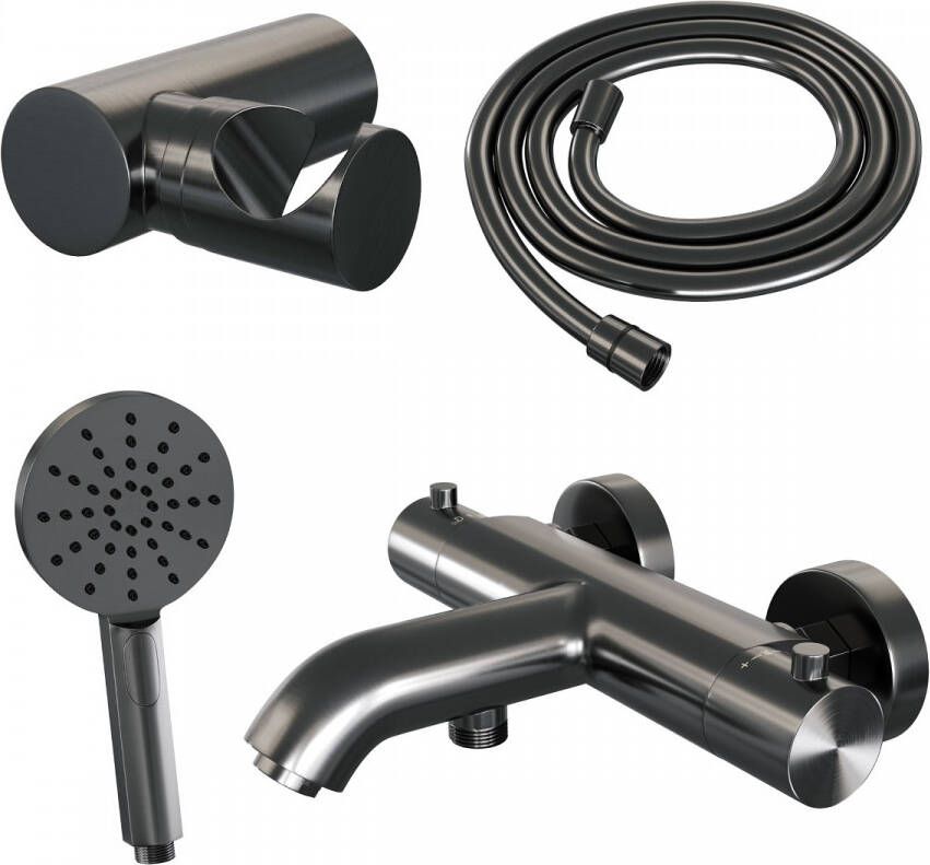 Brauer Badkraan Gunmetal Edition Set 04 Thermostatisch Opbouw Rond Geborsteld Gunmetal PVD 2 Greeps met Wandhouder en Handdouche 3 Standen - Foto 2