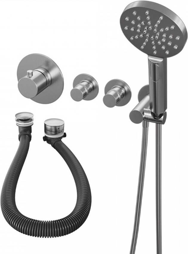Brauer Brushed Edition thermostatische inbouw badkraan SET 01: badvulcombinatie staaf handdouche doucheslang wandaansluitbocht PVD RVS - Foto 3