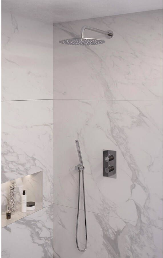 Brauer Regendoucheset 28 Inbouw Muur Chrome Edition 30cm Rond Glans Chroom 2 Greeps 3-weg met Thermostaatkraan en Staafhanddouche