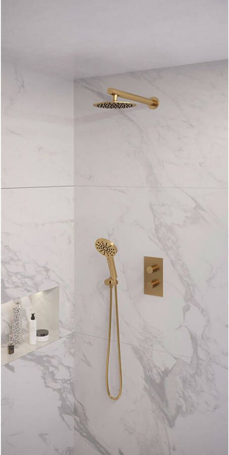 Brauer Gold Edition thermostatische inbouw regendouche set 33 3-weg omstelling 20 cm douchekop gebogen muurarm 3-standen handdouche doucheslang wandaansluitbocht goud geborsteld PVD - Foto 5