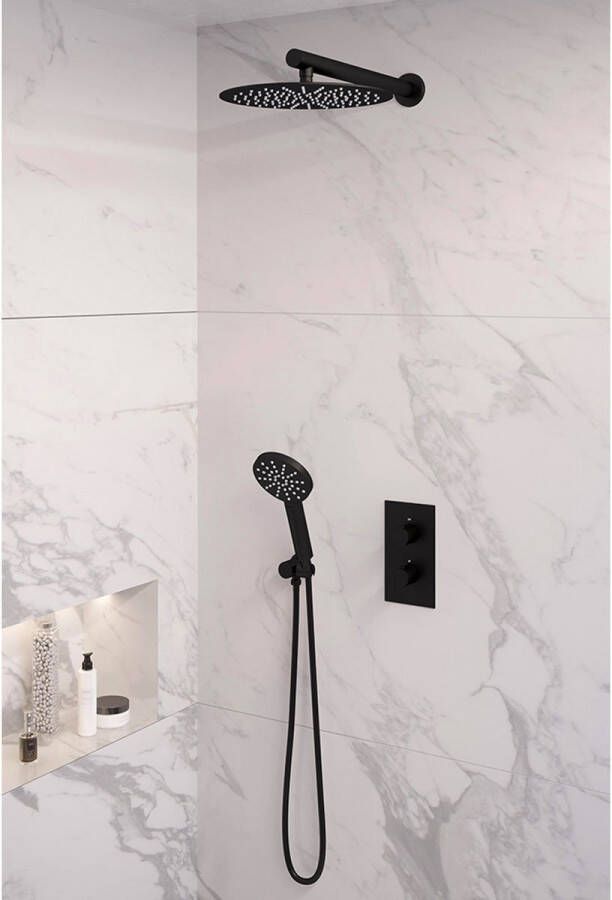 Brauer Black Edition thermostatische inbouw regendouche set met 3-weg omstelling 30 cm douchekop gebogen muurarm 3-standen handdouche en geïntegreerde glijstang mat zwart - Foto 4