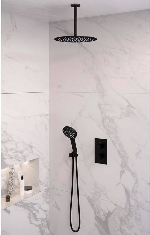 Brauer Black Edition thermostatische inbouw regendouche set met 3-weg omstelling 30 cm douchekop gebogen muurarm 3-standen handdouche en geïntegreerde glijstang mat zwart - Foto 5
