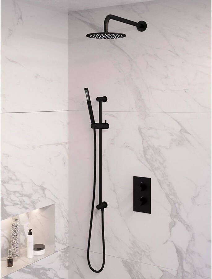Brauer Black Edition thermostatische inbouw regendouche set met 3-weg omstelling 30 cm douchekop gebogen muurarm 3-standen handdouche en geïntegreerde glijstang mat zwart - Foto 6