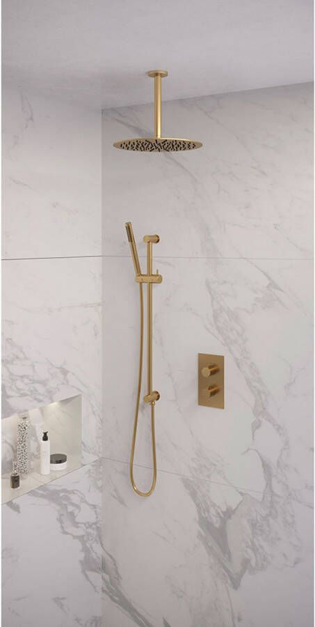 Brauer Gold Edition thermostatische inbouw regendouche set 33 3-weg omstelling 20 cm douchekop gebogen muurarm 3-standen handdouche doucheslang wandaansluitbocht goud geborsteld PVD - Foto 4