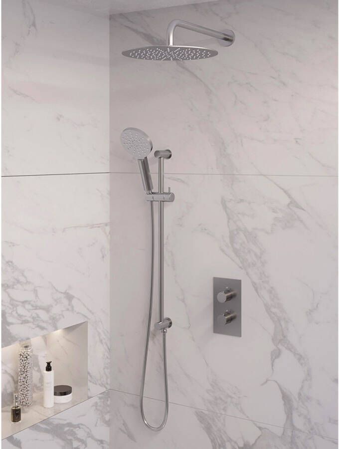 Brauer Brushed Edition thermostatische regendouche met 3-weg omstelling SET 40 inclusief 30 cm douchekop en gebogen muurarm handdouche doucheslang en geïntegreerde glijstang in RVS geborsteld PVD - Foto 4