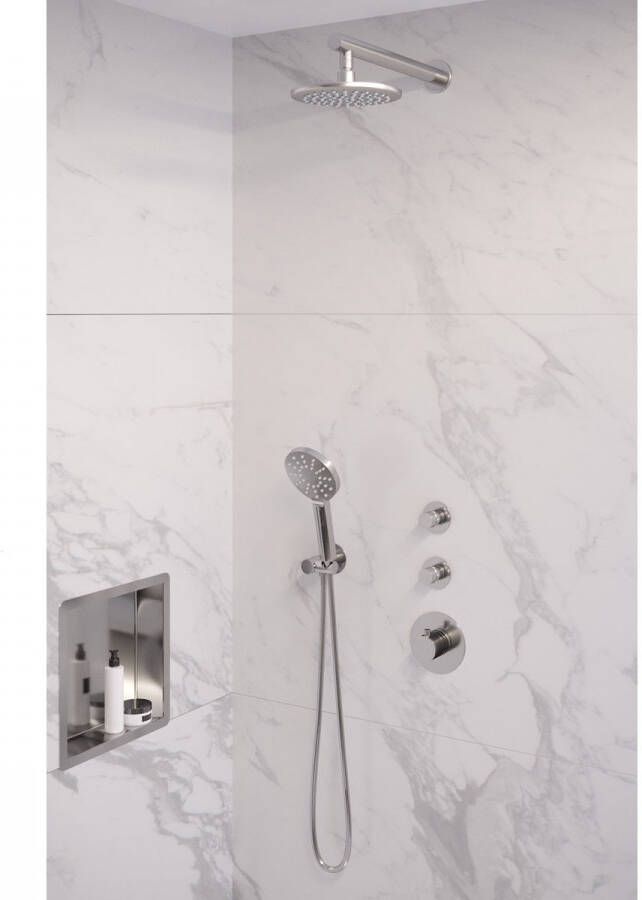 Brauer Chrome Edition thermostatische inbouw regendoucheset 40cm gebogen wandarm met 20cm ronde hoofddouche 3 standen ronde handdouche 150cm gladde doucheslang met aansluitbocht en handdouchehouder Chroom 5 CE - Foto 11