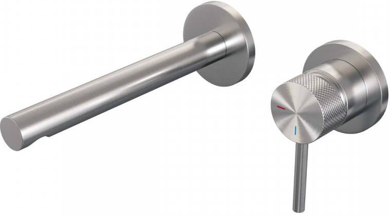 Brauer Brushed Carving Wastafelmengkraan inbouw rechte uitloop links hendel lang smal carving- model A 1 PVD geborsteld RVS 5-NG-004-S6-65 - Foto 2