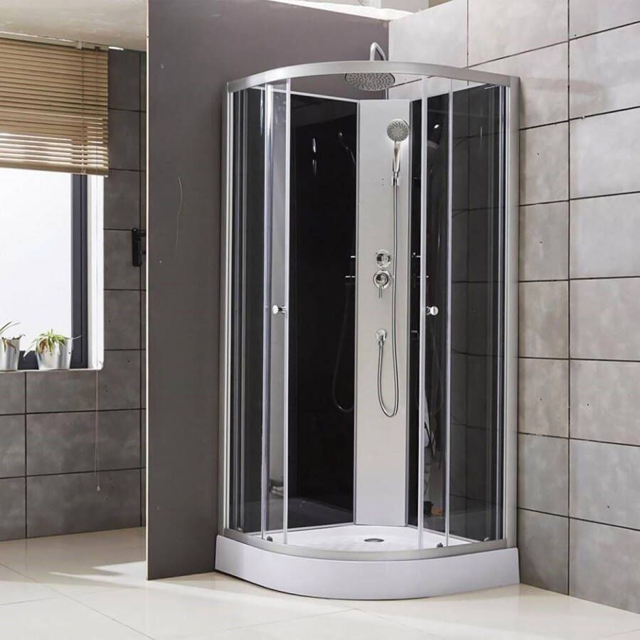 Creavit Douchecabine Beauty Complete Kwartrond Schuifdeur 90x90 Mat Chroom Profiel Mengkraan Regendouche Handdouche met Zwart Glazen Achterpanelen