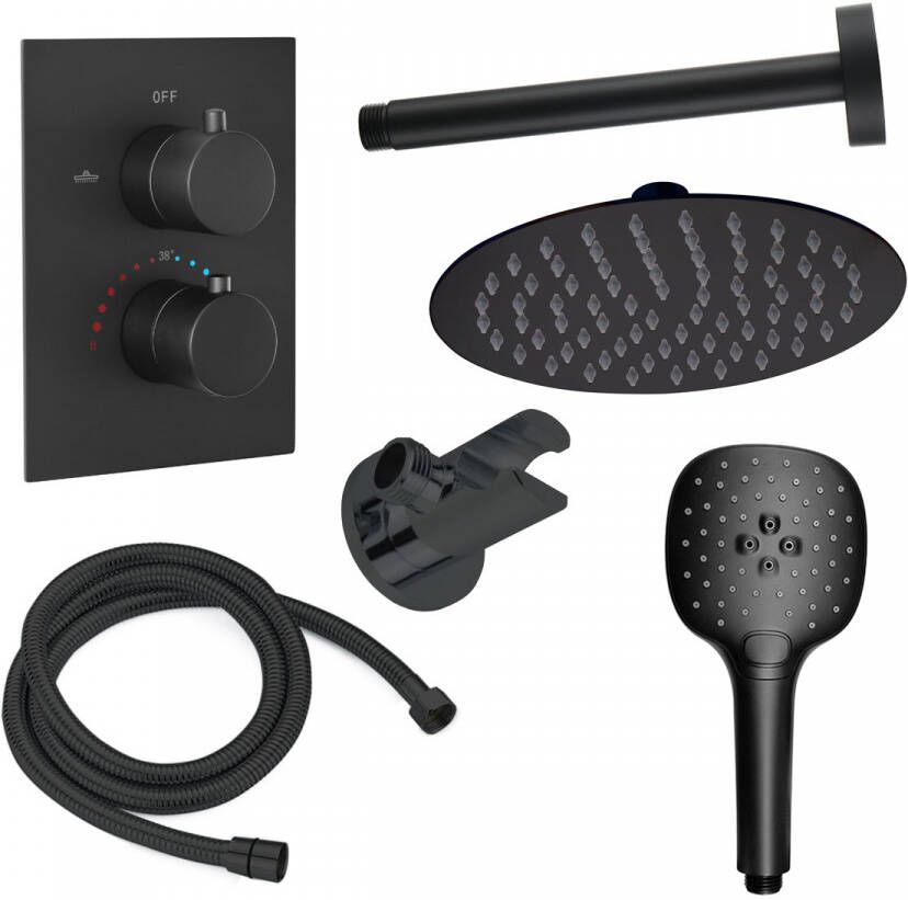 Diamond Line Regendouche Set 15 Inbouw Plafond Eva 30cm Rond Mat Zwart met Thermostaatkraan en Handdouche