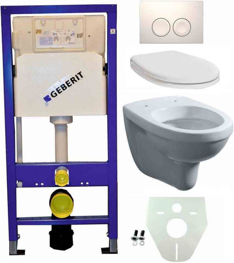 Geberit Toiletset Hangend 100-1 UP100 Inbouwreservoir Glans Wit Wandcloset Softclose Toiletbril Delta-21 Bedieningsplaat Wit KH