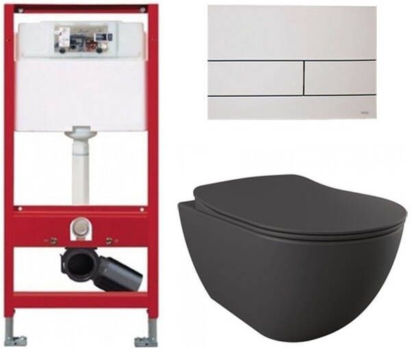 Tece Toiletset Inbouw WC Hangtoilet wandcloset Creavit Mat Antraciet Rimless Square Mat Wit