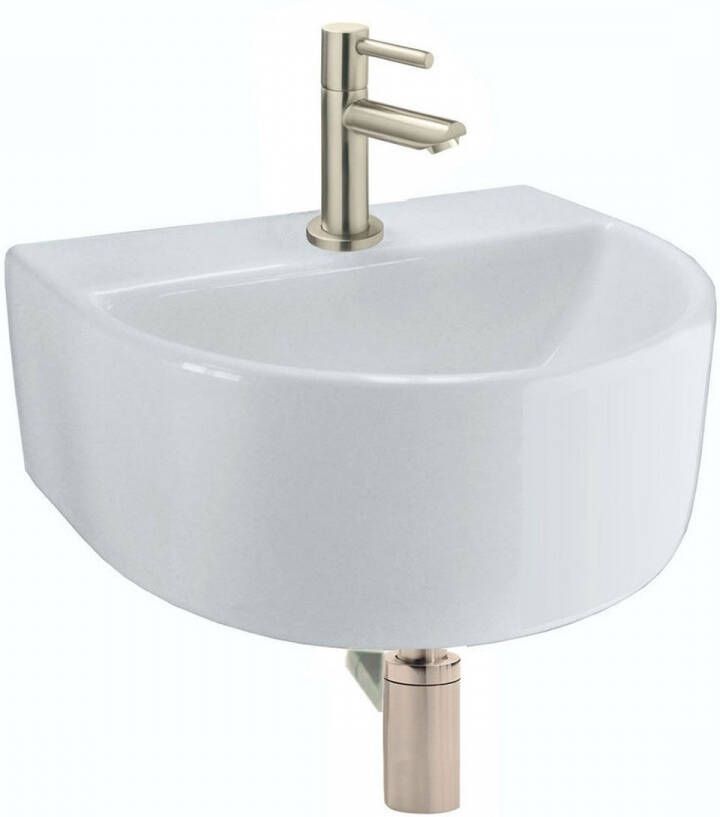 Wiesbaden Fonteinset Lara Half Rond 30x25x12 cm met Amador Toiletkraan Hendel Waste en Sifon Geborsteld Staal