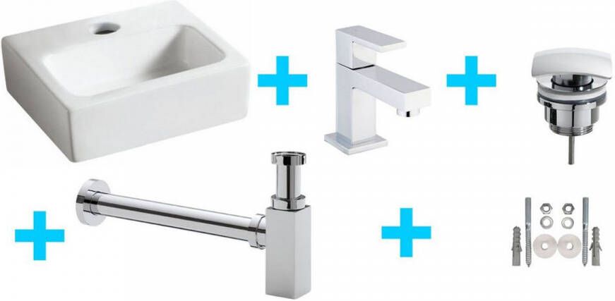 Wiesbaden Fonteinset Leto Mini Rechtoek 28x24 5x9cm met Luxe Rombo Toiletkraan Clickwaste en Sifon Glans Chroom