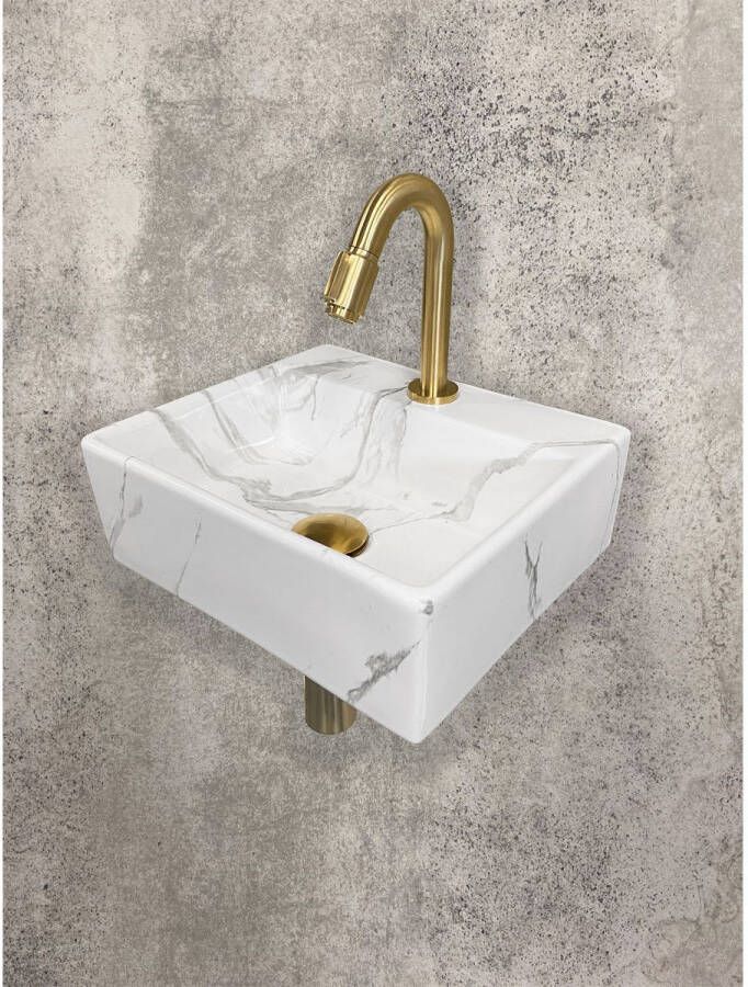 Wiesbaden Fonteinset Leto Rechthoek 33 5x29x11 5cm Keramiek Glans Wit Marmerlook Goud Toiletkraan Victoria Sifon Clickwaste Bevestigingsset - Foto 2
