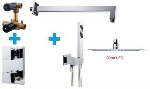 Wiesbaden Regendouche Set Inbouw Muur Ufo 20cm Rond Glans Chroom met Thermostaatkraan en Staafhanddouche - Foto 5