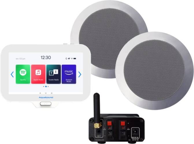 Aquasound N-Joy Connect n-joy connect badkamerradio controller (ipx7) wand lader twist speakerset mat chroom bluetooth versterker 30 w 230v 12vatt emn30-tc