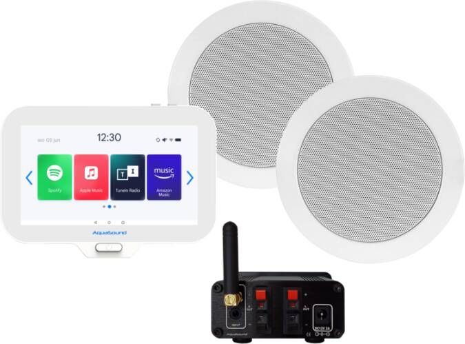 Aquasound N-Joy Connect n-joy connect badkamerradio controller (ipx7) wand lader twist speakerset wit bluetooth versterker 30 watt 230v 12v emn30-tw
