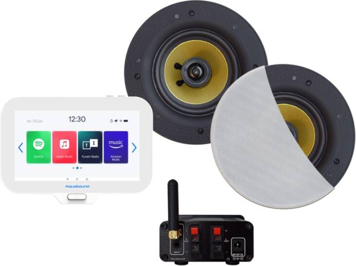 Aquasound N-Joy Connect n-joy connect badkamerradio controller (ipx7) wand lader samba speakerset wit bluetooth versterker 50 watt 230v 12v emn50-sw