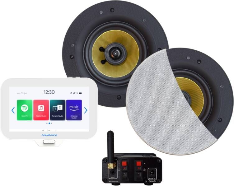 Aquasound N-Joy Connect n-joy connect badkamerradio controller (ipx7) wand lader zumba speakerset wit bluetooth versterker 70 watt 230v 24v emn70-zw