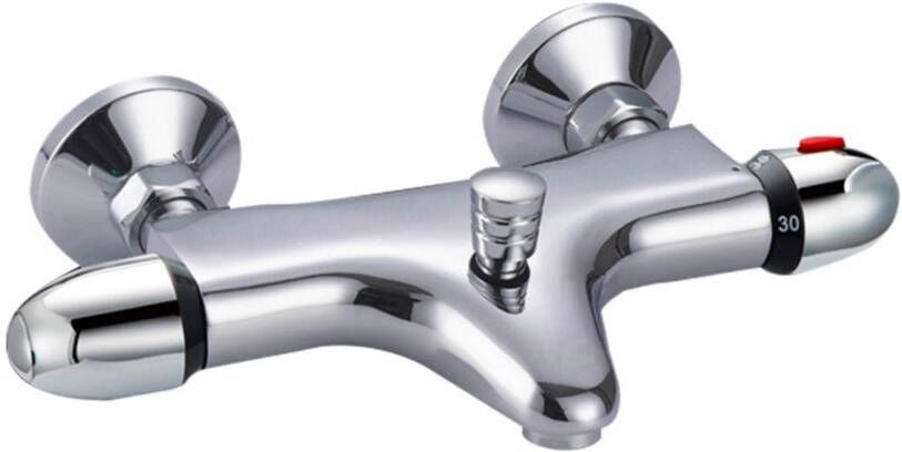 Douche Concurrent Badkraan Basic 15cm Hartafstand Thermostatisch Opbouw Rond Chroom 2 Greeps met Onderuitloop