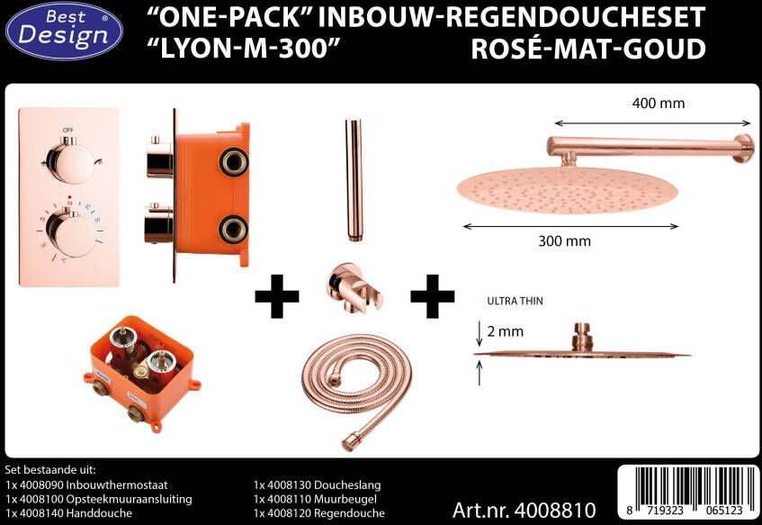 Doucheset Lyon Inbouw Rond Rose Mat Goud Thermostaatkraan Regendouche Handdouche Ultra Dun